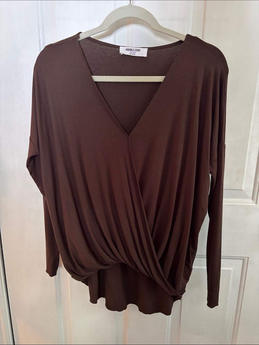 Double Zero Chocolate Brown Draped V-Neck Long Sleeve Top